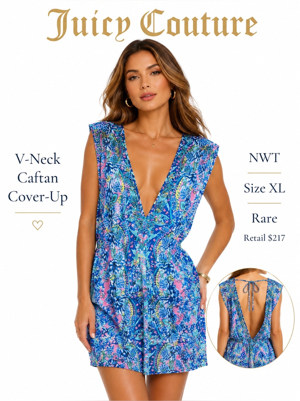Juicy Couture NWT V-Neck Embellished Caftan Swim Cover-Up Blue Floral XL
